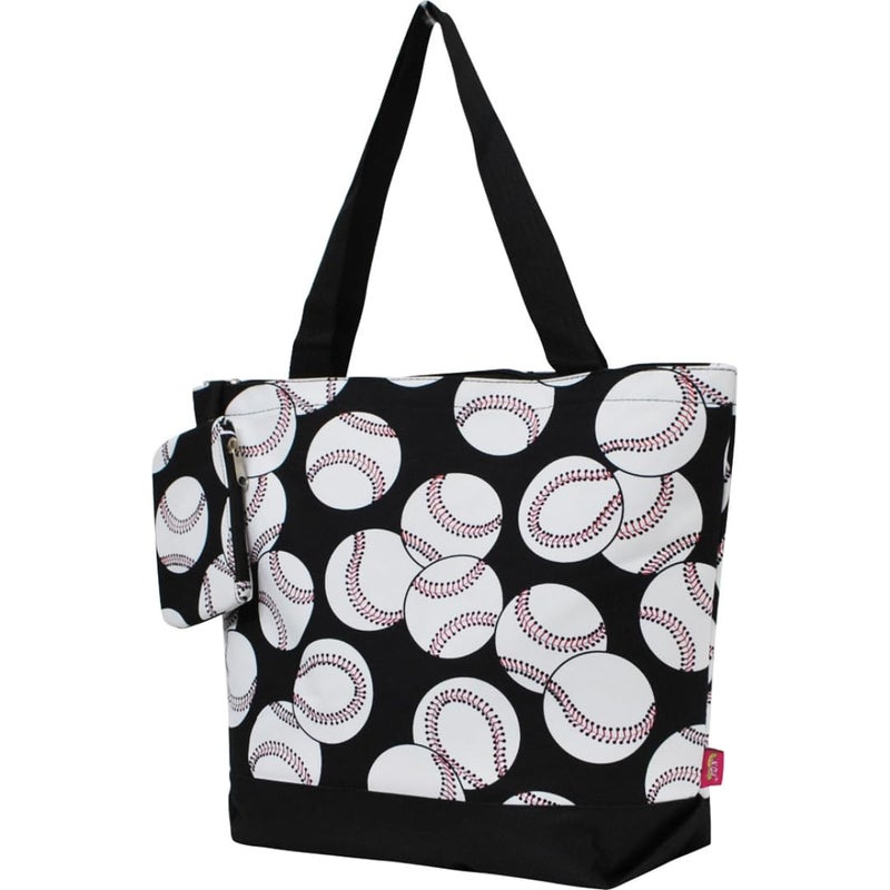NGIL Medium Top Zipper Closure Canvas Tote Bag with Attached Matching Coin Purse For Moms and Nurses (Baseball-Black) - Image 1